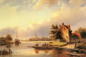 ブルック川の流れ Painting - フェリークロッシングボートの夏の日 ヤン・ジェイコブ・コーエンラード・シュポラーの風景ストリーム